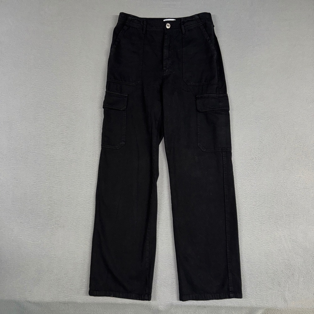 Zara Pants Womens 6 Black Straight Leg Cargo High Rise Stretch Utility Pockets